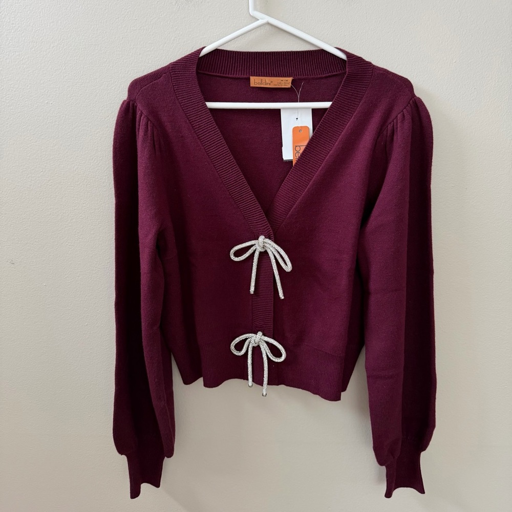 Belldini Balloon Sleeve Burgundy Cardigan Sweater with Rhinestone Bows, Sz M